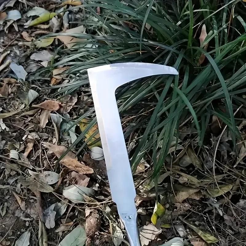 Metal garden hoe with curved hooked blade used to remove weeds among plants handheld weeding tool for gardens