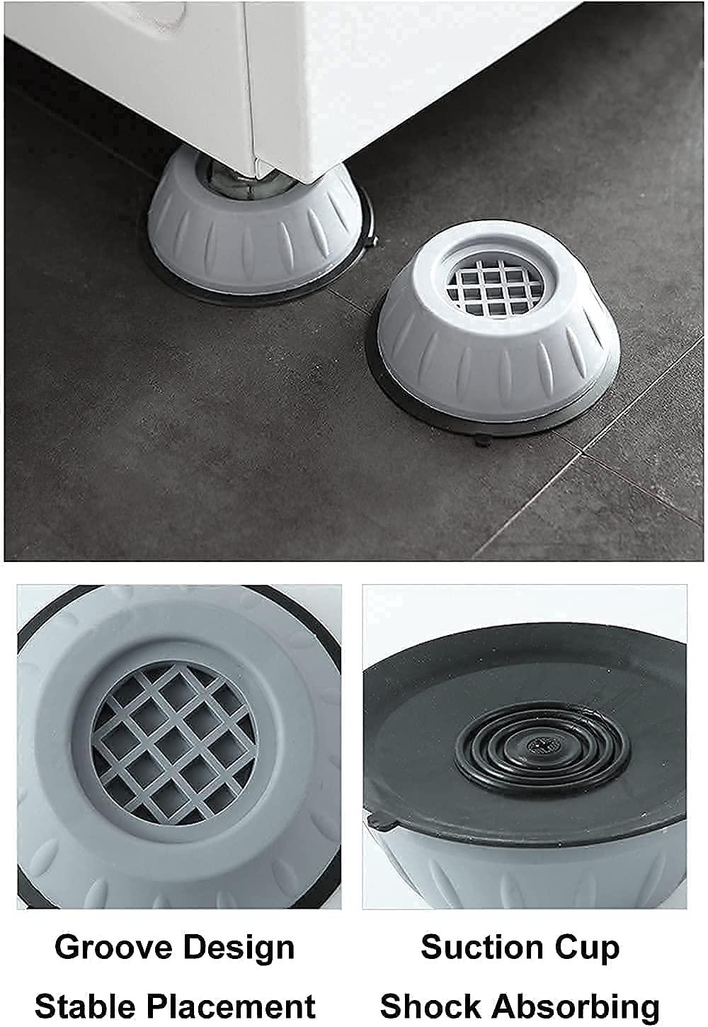 Gray anti vibration pads for washing machine with groove design and suction cups for stable placement and shock absorption