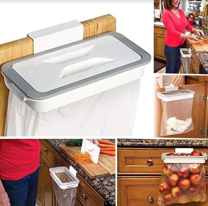Attachable kitchen garbage bag holder clipped to cabinet and countertop for easy waste disposal