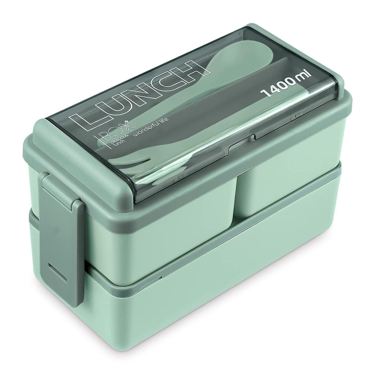 Green bento compartment lunch box with 1400ml capacity and included spoon on top