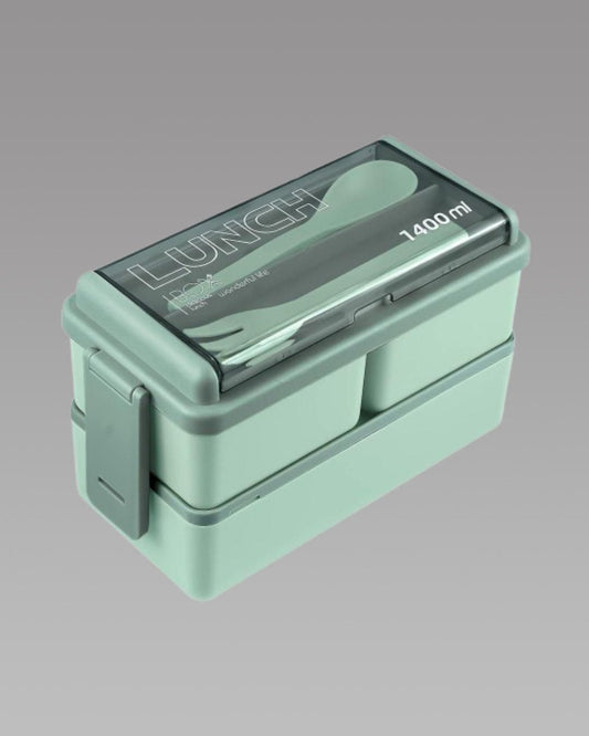 Green bento compartment lunch box with two layers and built-in spoon and fork set