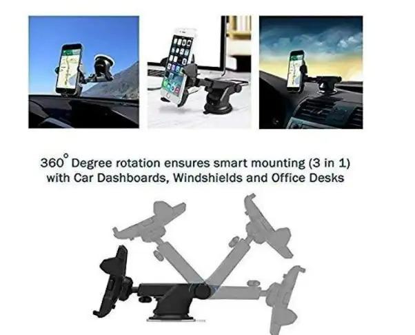 Car mobile holder for dashboard with 360 degree rotation mounting on car windshield and office desk