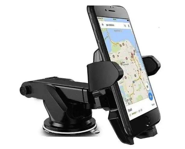 Black car mobile holder for dashboard with adjustable arms holding a smartphone displaying a map