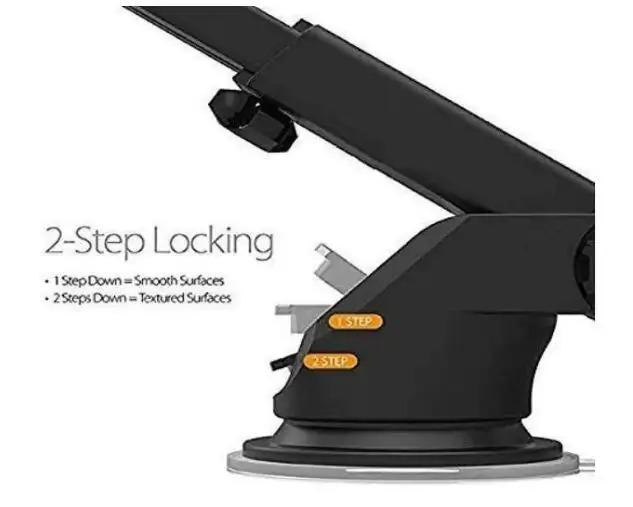 Black car mobile holder for dashboard with 2-step locking mechanism for smooth and textured surfaces