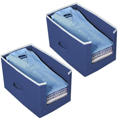 Blue fabric shirts and clothing organizer for wardrobe with handle for easy storage