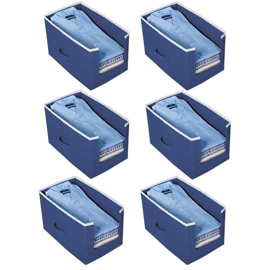 Set of six blue shirts and clothing organizer for wardrobe with handle and compartments for folded clothes