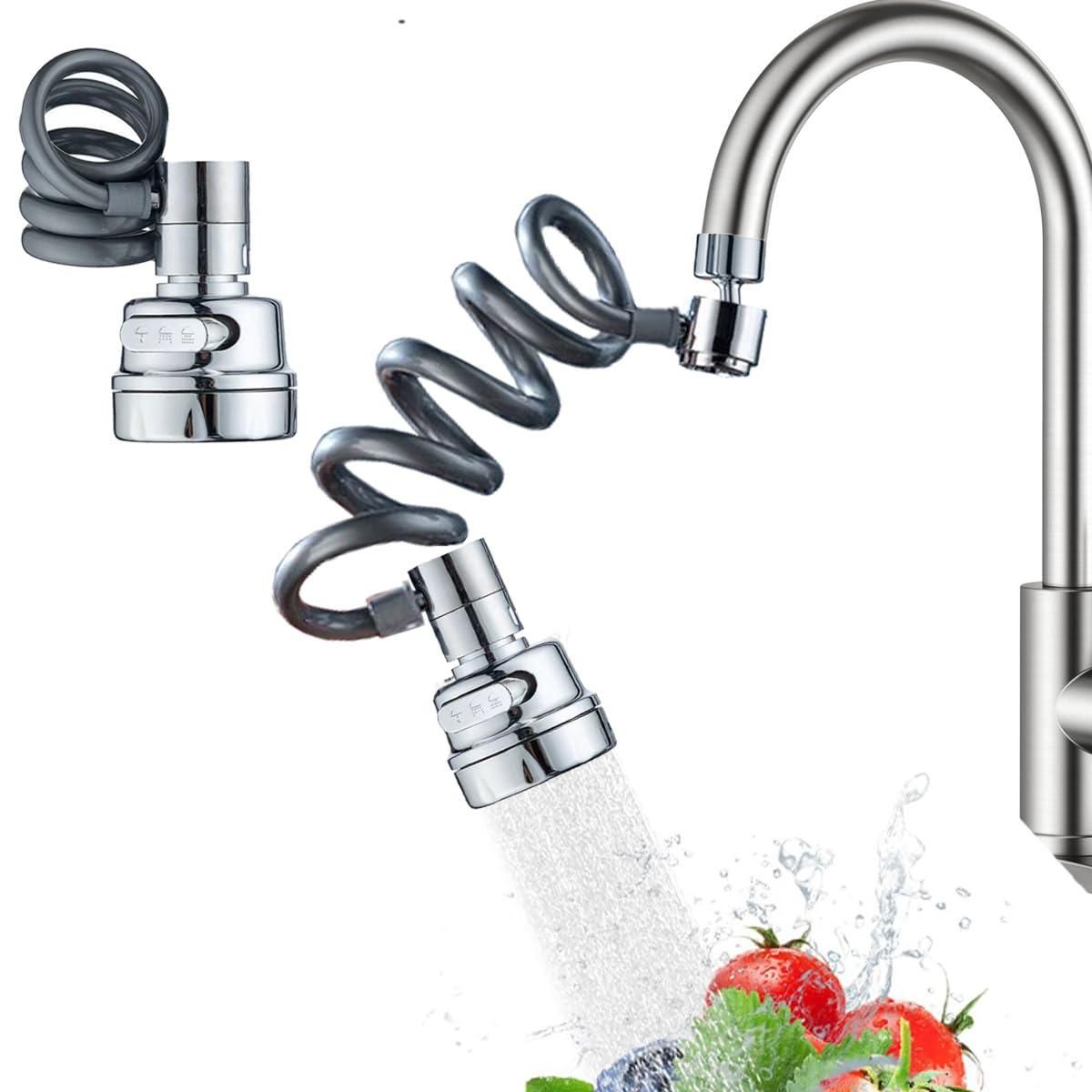Sink sprayer attachment for kitchen faucet with flexible hose spraying water on fresh vegetables