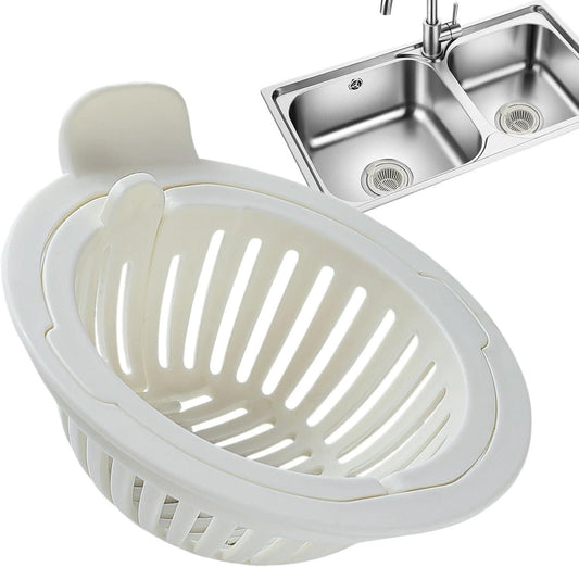 White sink strainer for food particles designed to fit kitchen sinks and trap debris effectively