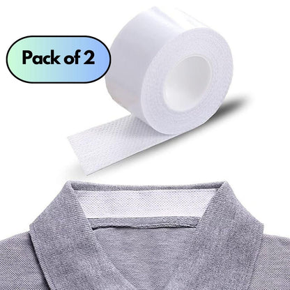 Pack of 2 sweat absorbent adhesive tape rolls applied on clothing collar for moisture control