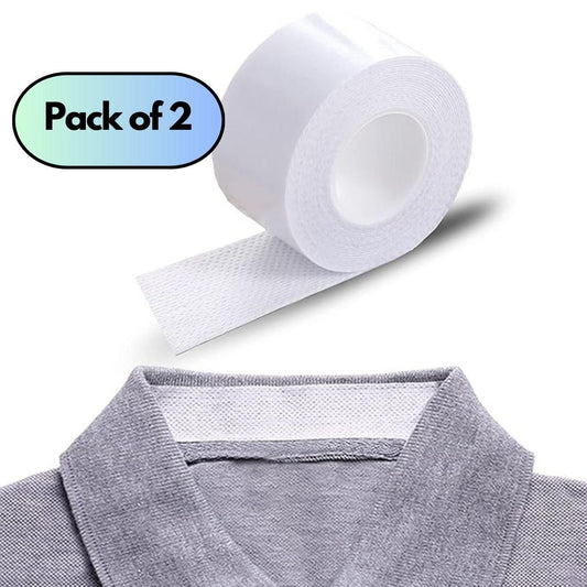 Pack of 2 sweat absorbent adhesive tape rolls applied on clothing collar for moisture control