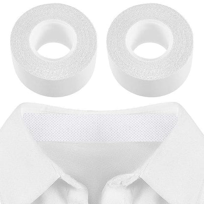 Two rolls of white sweat absorbent adhesive tape above a white shirt collar with the tape applied inside the collar