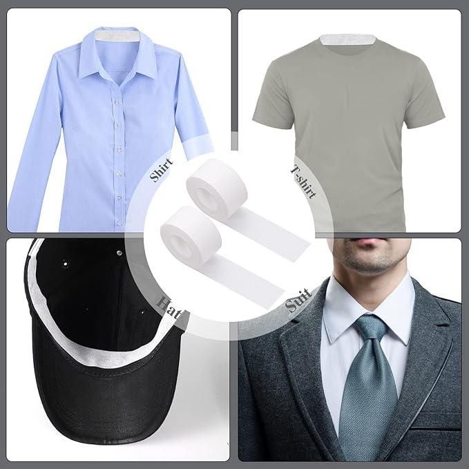 White sweat absorbent adhesive tape rolls shown with shirts, hat, and suit to prevent sweat stains