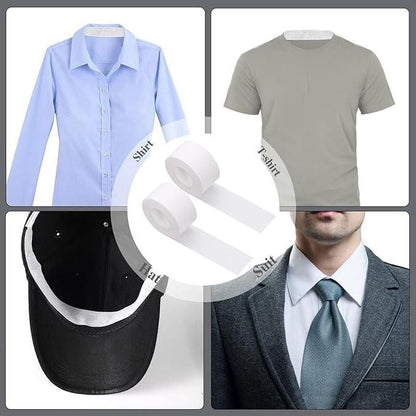 White sweat absorbent adhesive tape rolls shown with shirts, hat, and suit to prevent sweat stains