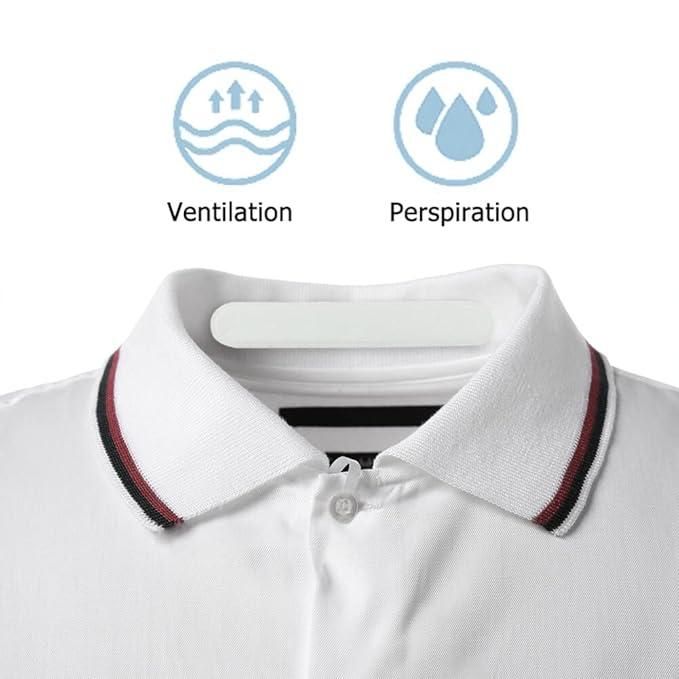 Sweat absorbent adhesive tape applied inside white collared shirt showing ventilation and perspiration features