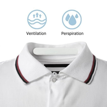 Sweat absorbent adhesive tape applied inside white collared shirt showing ventilation and perspiration features