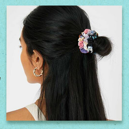 Gentle elastic hair rope for women worn on half-up bun with multicolor fabric design
