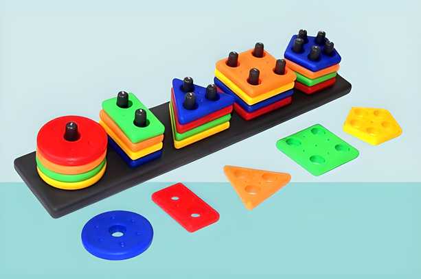 Colorful geometric stacker shape sorter blocks for educational play and skill development