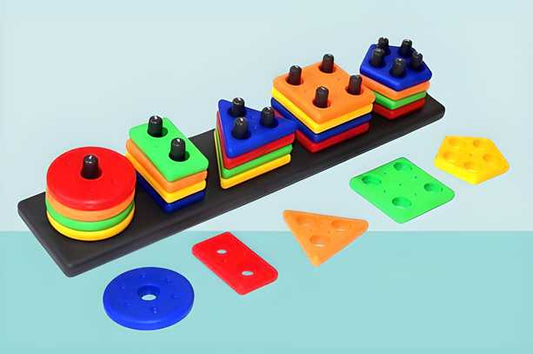 Colorful geometric stacker shape sorter blocks for educational play and skill development
