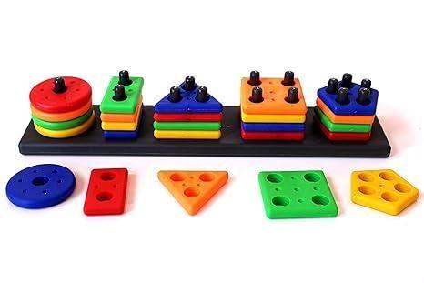 Colorful geometric stacker shape sorter blocks for kids with various shapes and sizes on a black base