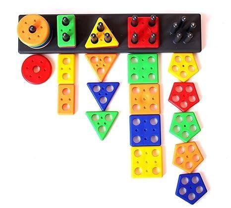 Geometric stacker shape sorter blocks in vibrant colors for developing fine motor skills