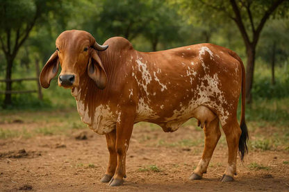 Brown and white spotted A2 cow grazing in a lush green pasture for ghee from a2 milk production