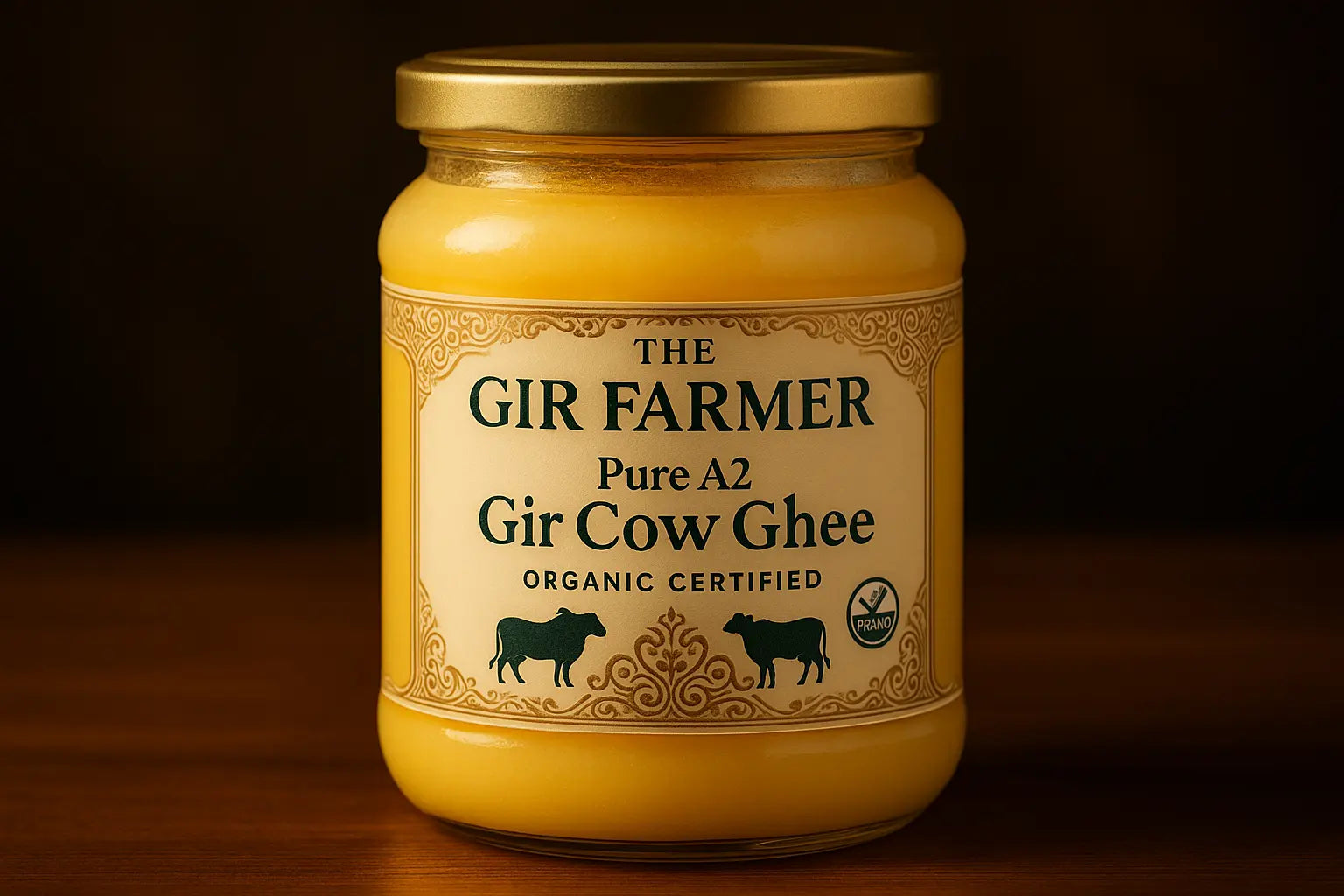 Glass jar of The Gir Farmer pure A2 ghee from A2 milk, rich golden color, perfect for cooking and flavoring dishes