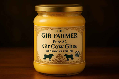 The Gir Farmer Pure A2 Gir Cow Ghee in a glass jar, rich yellow color for cooking and health benefits