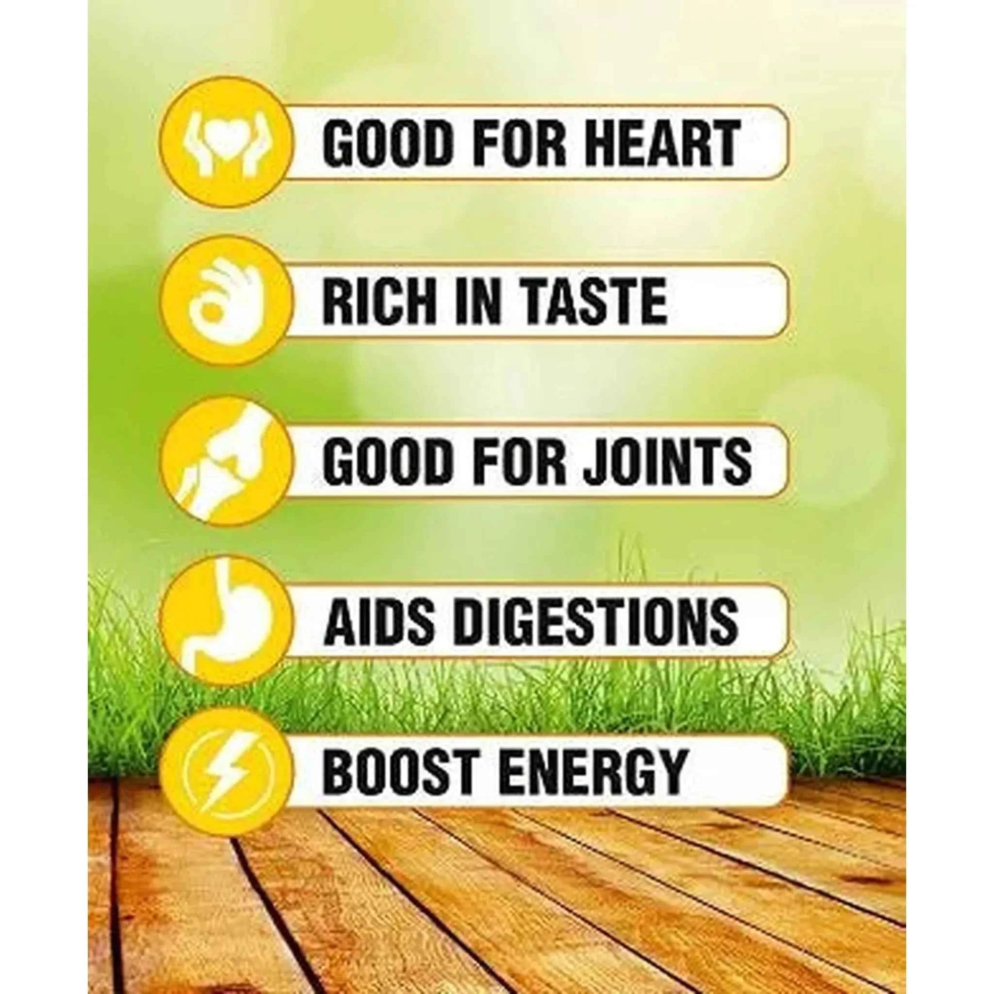 THE GIR FARMER ghee from a2 milk displayed with health benefits like heart health and digestion aid