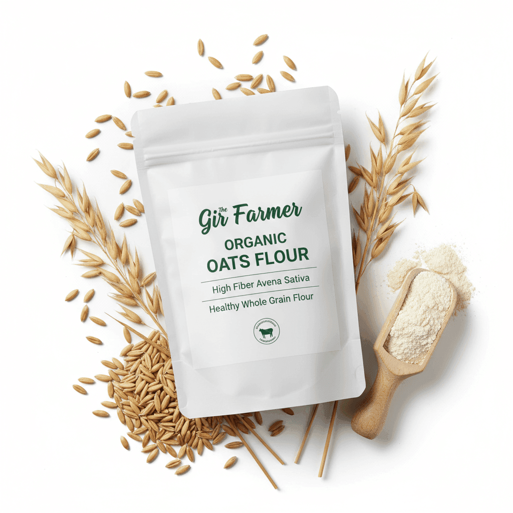 THE GIR FARMER Organic Oats Flour in a resealable bag with grains and a scoop for healthy baking