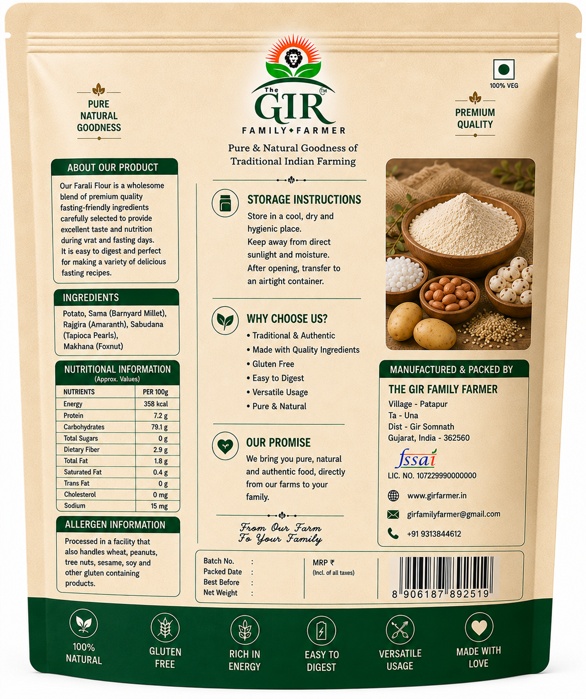 Organic Farali Flour from THE GIR FARMER in a resealable bag; ideal for gluten-free cooking and traditional recipes