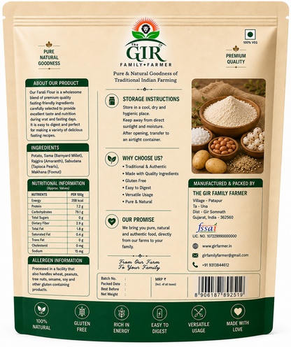 Organic Farali Flour from THE GIR FARMER in a resealable bag; ideal for gluten-free cooking and traditional recipes