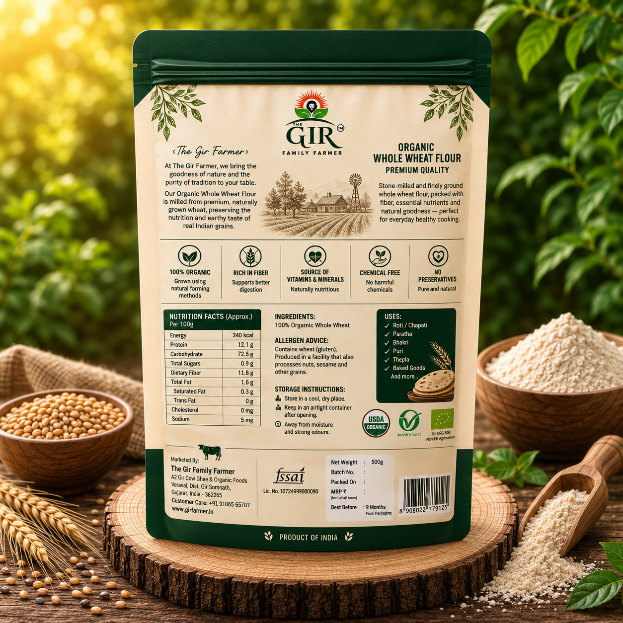 Organic Whole Wheat Flour from The Gir Farmer in eco-friendly packaging, ideal for baking and cooking