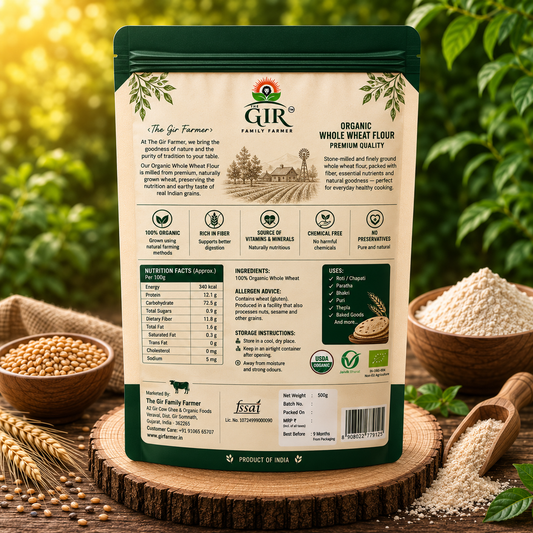 Organic Whole Wheat Flour from The Gir Farmer in eco-friendly packaging, ideal for baking and cooking