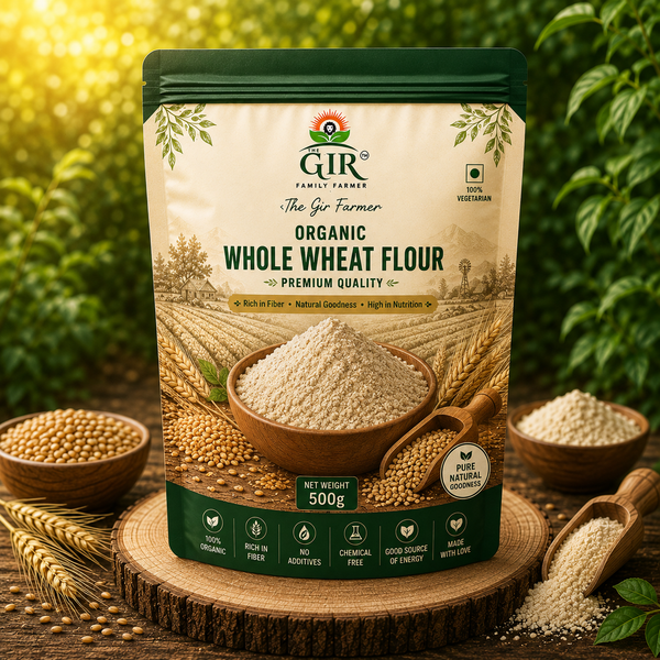 THE GIR FARMER Organic Whole Wheat Flour in a 500g package, perfect for healthy baking and cooking