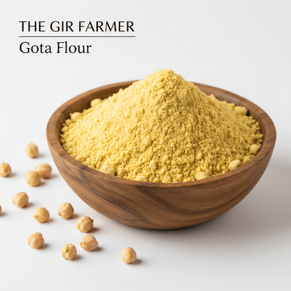 Gota Flour by THE GIR FARMER in a wooden bowl, perfect for making farsan gujarati snacks