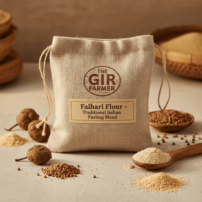 The GIR FARMER Organic Farali Flour in a natural burlap pouch, perfect for traditional Indian fasting recipes