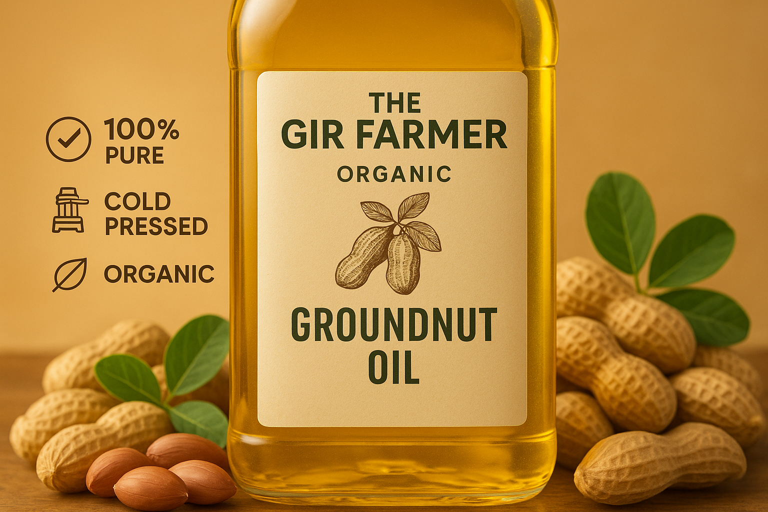 THE GIR FARMER organic ground nut oil in a glass bottle with peanuts and leaves in the background
