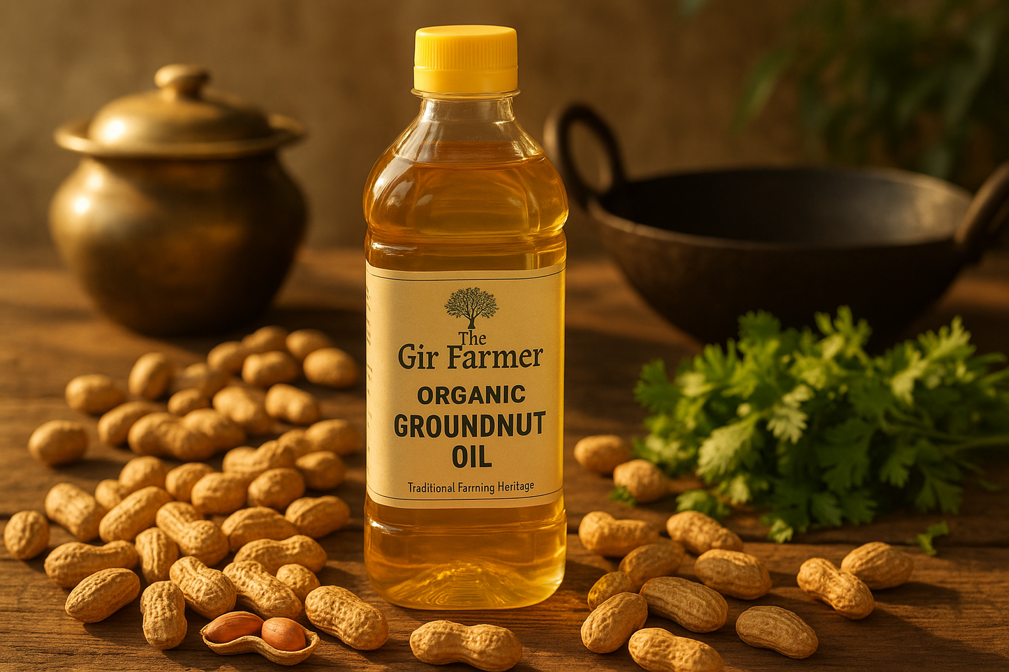 The Gir Farmer organic ground nut oil bottle surrounded by peanuts and fresh coriander