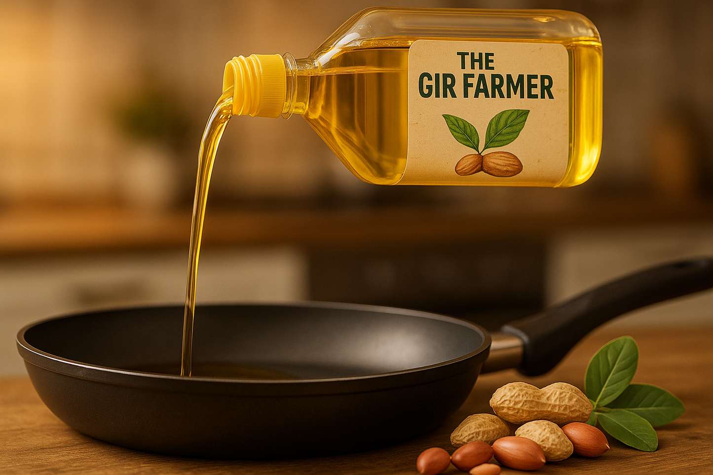 THE GIR FARMER organic ground nut oil pouring into a frying pan with peanuts in the foreground