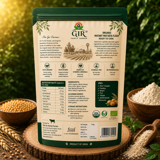 The GIR Farmer Organic Instant Mix Gota Flour in a eco-friendly package with nutritional information and grains.