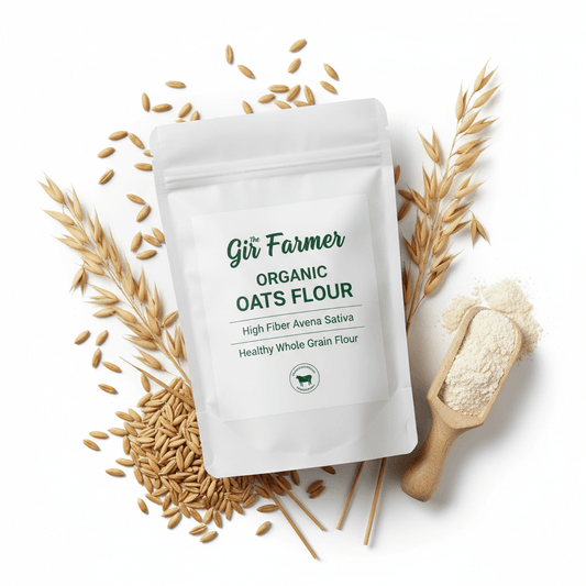 THE GIR FARMER Organic Oat Flour in a resealable bag with oats and measuring scoop for healthy baking