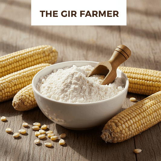 Organic White Corn Flour in a bowl surrounded by whole corn ears, ideal for baking and cooking