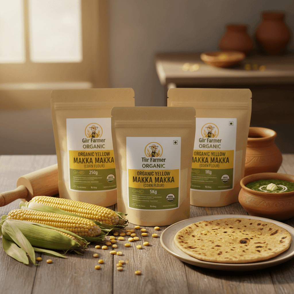 THE GIR FARMER Organic Yellow Corn Flour in eco-friendly packaging, ideal for making traditional Indian flatbreads
