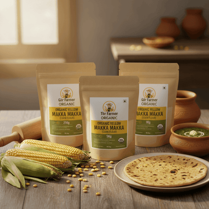 THE GIR FARMER Organic Yellow Corn Flour in eco-friendly packaging, ideal for making traditional Indian flatbreads