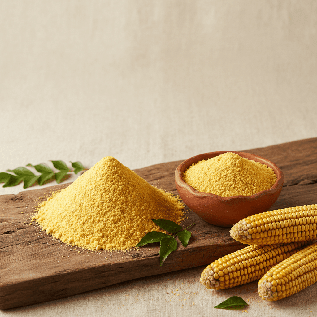 Organic Yellow Corn Flour in a bowl on a wooden surface with fresh corn and green leaves for baking and cooking