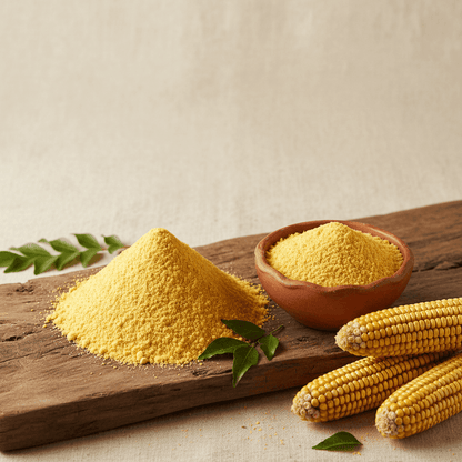 Organic Yellow Corn Flour in a bowl on a wooden surface with fresh corn and green leaves for baking and cooking