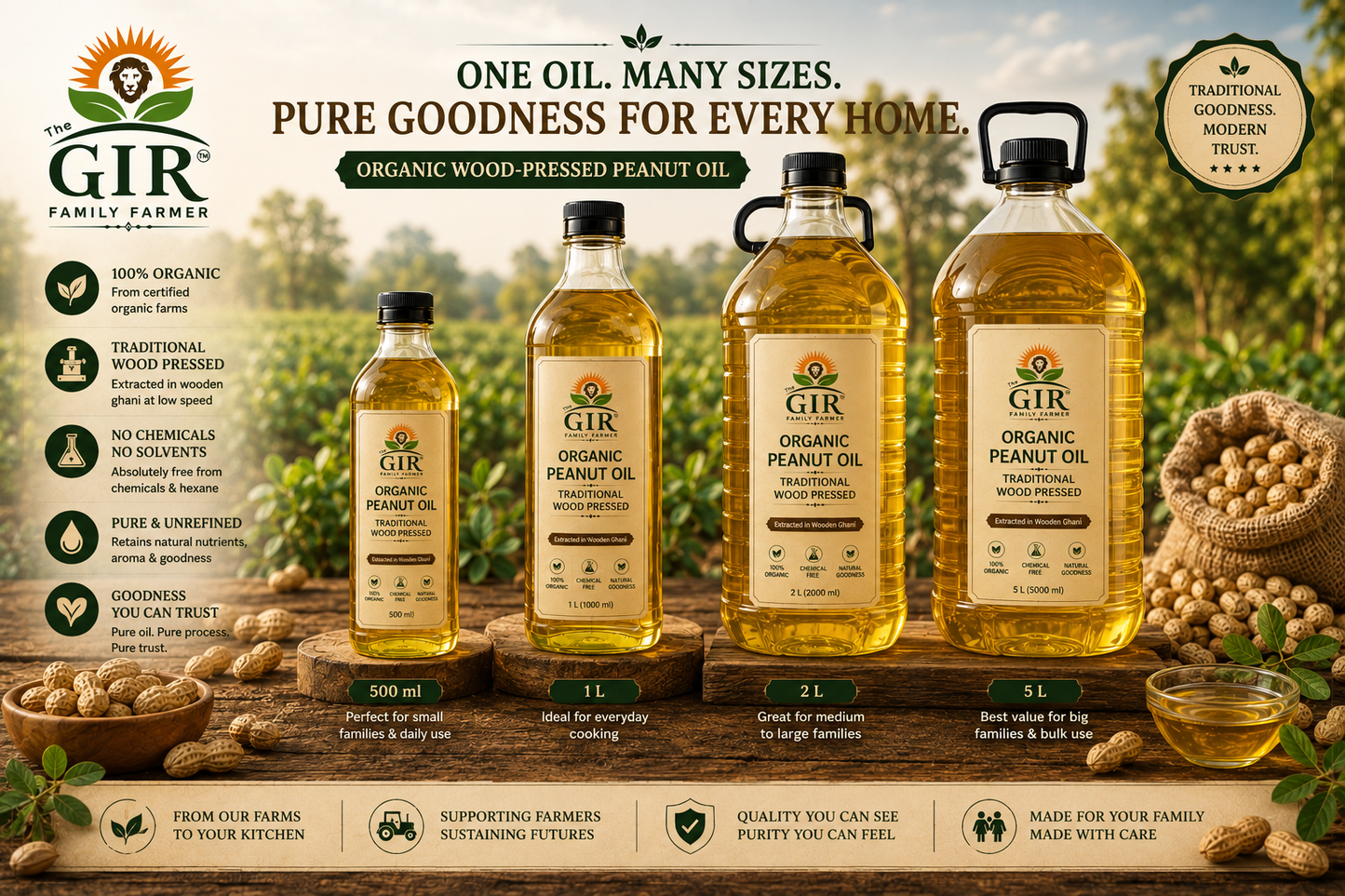 The GIR Family Farmer organic wood-pressed groundnut oil in various bottle sizes for cooking and frying
