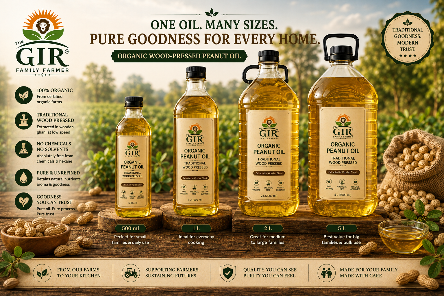 The GIR Family Farmer organic wood-pressed groundnut oil in various bottle sizes for cooking and frying