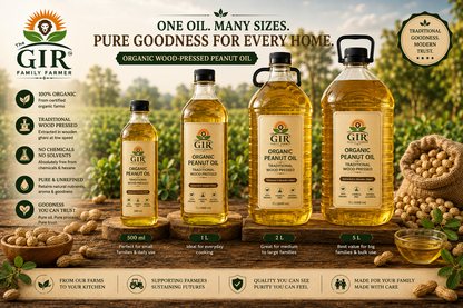 The GIR Family Farmer organic wood-pressed groundnut oil in various bottle sizes for cooking and frying