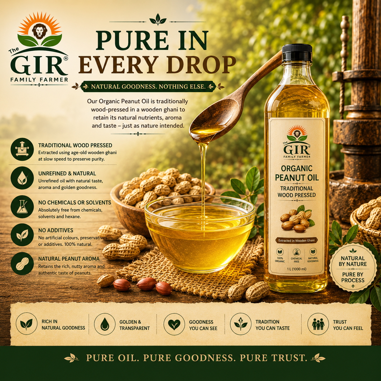 Organic groundnut oil in a bottle showcasing traditional wood-pressed process, rich in natural goodness